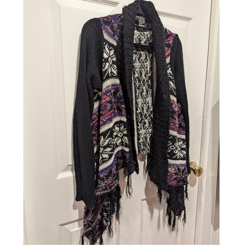 Boho Festival Fringe Waterfall Cardigan Fair Isle Aztec Knit Western POOF Medium